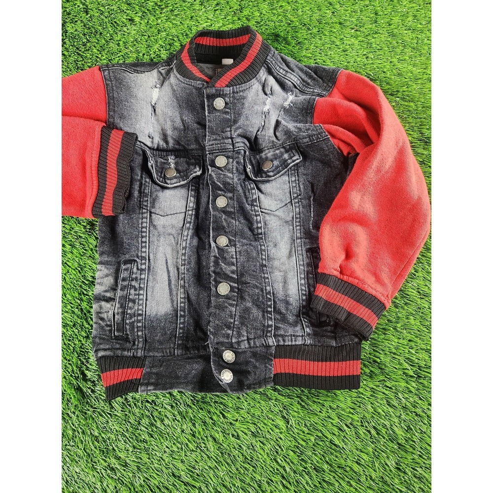 Evolution Jacket Kids 6 Black Red‎ Denim Varsity Snap Front Pockets Bomber